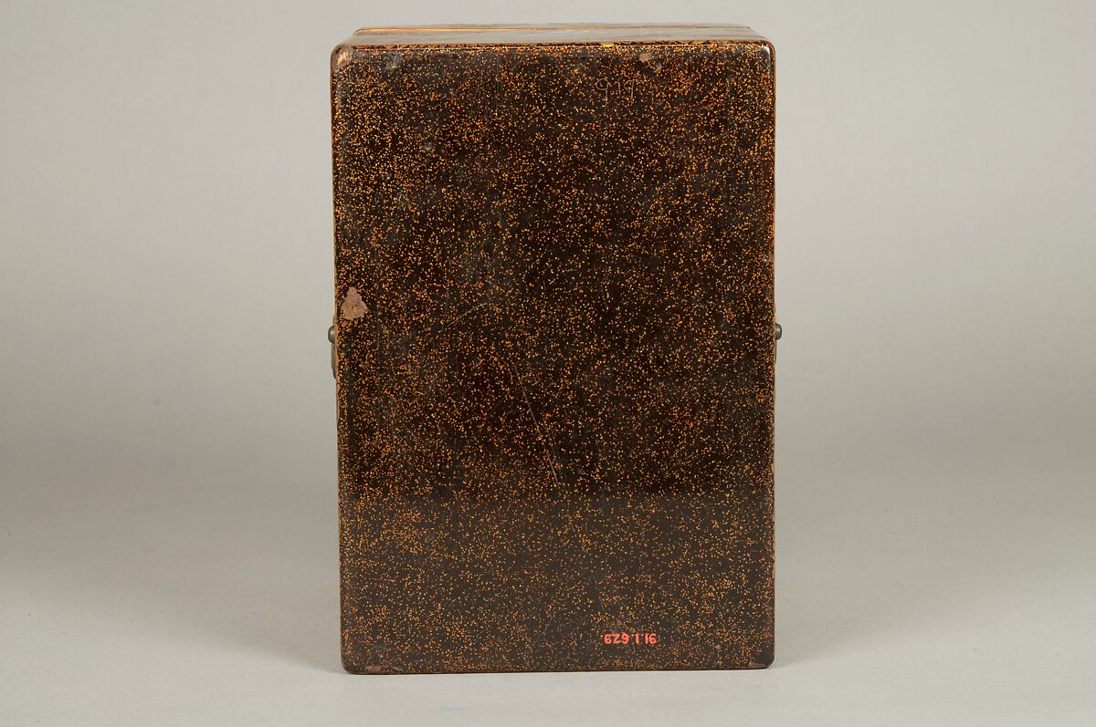 Box, Lacquered wood with gold and silver hiramaki-e, mother-of-pearl inlay on black lacquer ground; leather strap with metal fittings, Japan