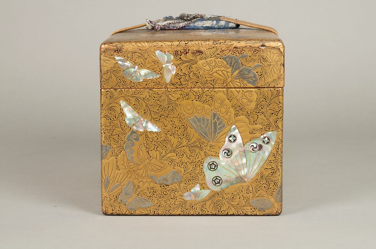 Box, Lacquered wood with gold and silver hiramaki-e, mother-of-pearl inlay on black lacquer ground; leather strap with metal fittings, Japan