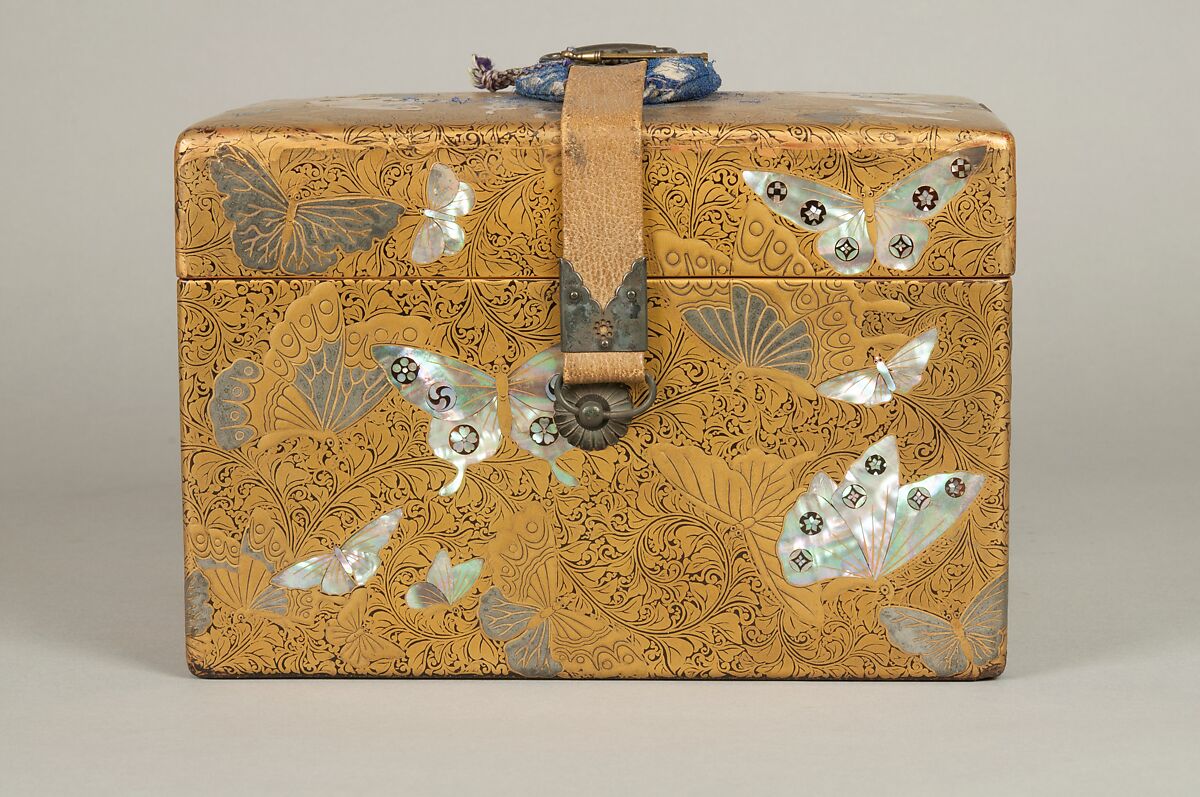 Box, Lacquered wood with gold and silver hiramaki-e, mother-of-pearl inlay on black lacquer ground; leather strap with metal fittings, Japan