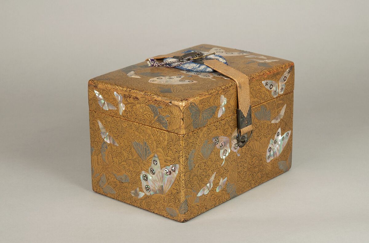 Box, Lacquered wood with gold and silver hiramaki-e, mother-of-pearl inlay on black lacquer ground; leather strap with metal fittings, Japan