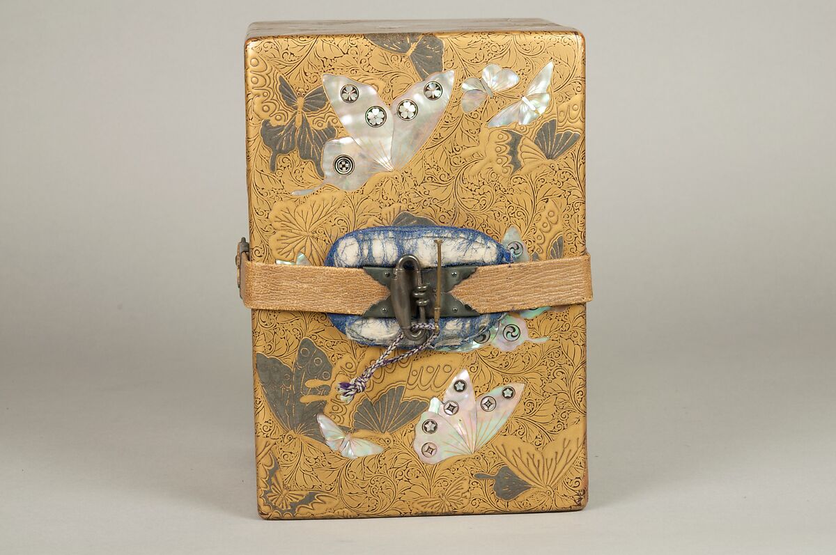Box, Lacquered wood with gold and silver hiramaki-e, mother-of-pearl inlay on black lacquer ground; leather strap with metal fittings, Japan