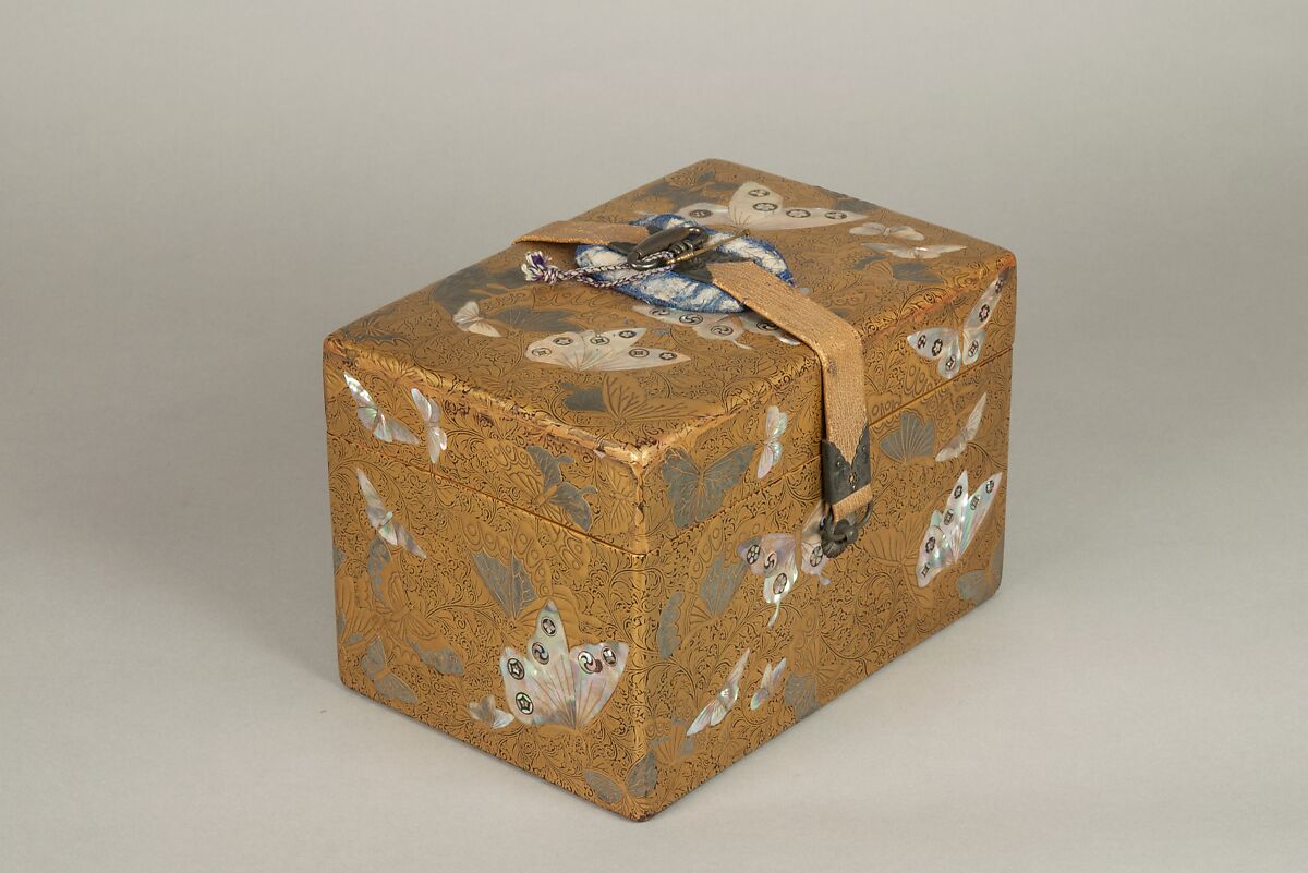 Box, Lacquered wood with gold and silver hiramaki-e, mother-of-pearl inlay on black lacquer ground; leather strap with metal fittings, Japan