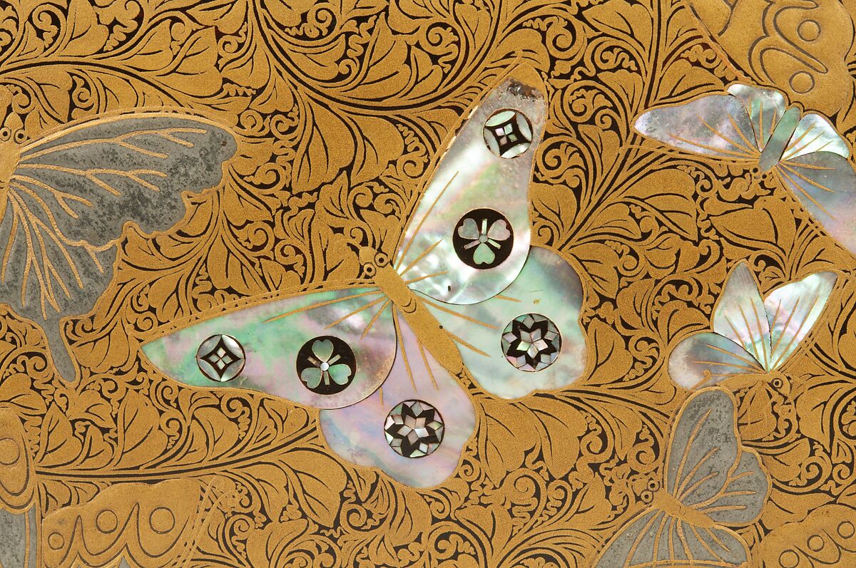 Box, Lacquered wood with gold and silver hiramaki-e, mother-of-pearl inlay on black lacquer ground; leather strap with metal fittings, Japan