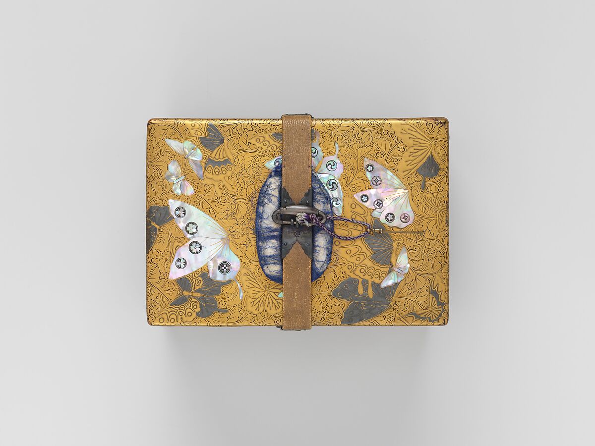 Box, Lacquered wood with gold and silver hiramaki-e, mother-of-pearl inlay on black lacquer ground; leather strap with metal fittings, Japan