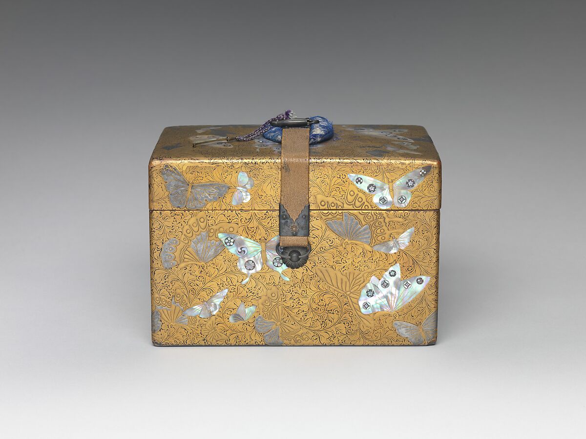 Box, Lacquered wood with gold and silver hiramaki-e, mother-of-pearl inlay on black lacquer ground; leather strap with metal fittings, Japan