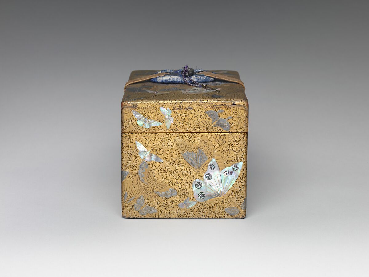 Box, Lacquered wood with gold and silver hiramaki-e, mother-of-pearl inlay on black lacquer ground; leather strap with metal fittings, Japan