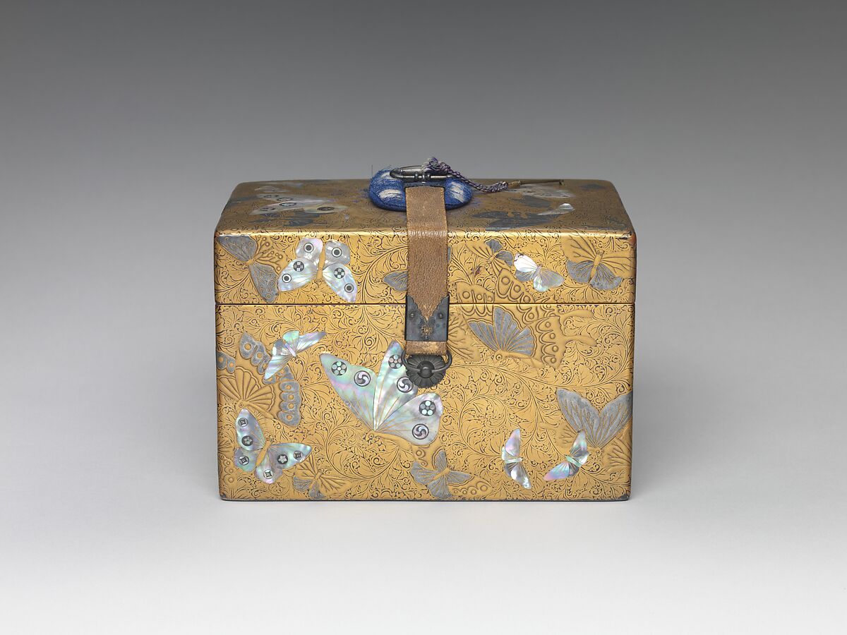 Box, Lacquered wood with gold and silver hiramaki-e, mother-of-pearl inlay on black lacquer ground; leather strap with metal fittings, Japan