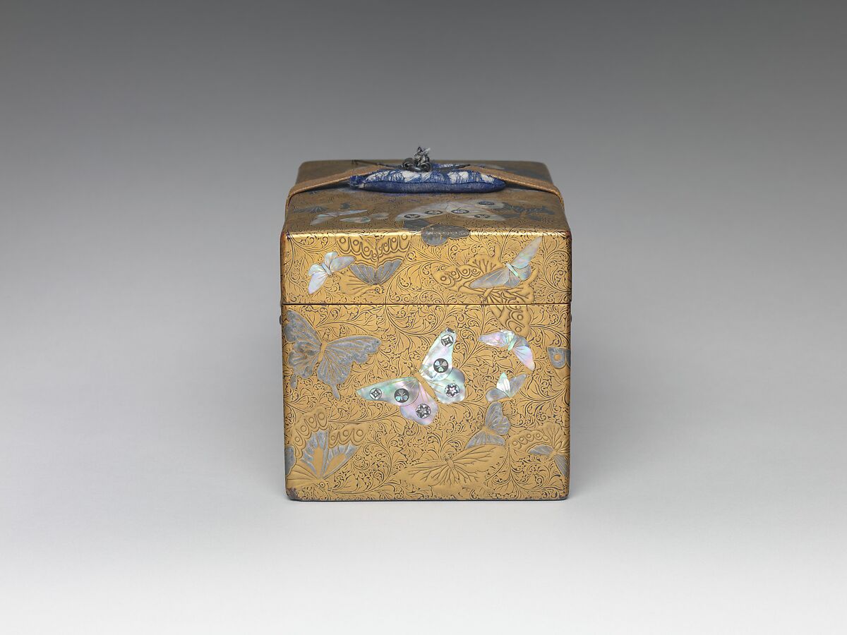 Box, Lacquered wood with gold and silver hiramaki-e, mother-of-pearl inlay on black lacquer ground; leather strap with metal fittings, Japan