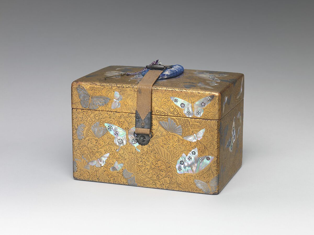 Box, Lacquered wood with gold and silver hiramaki-e, mother-of-pearl inlay on black lacquer ground; leather strap with metal fittings, Japan