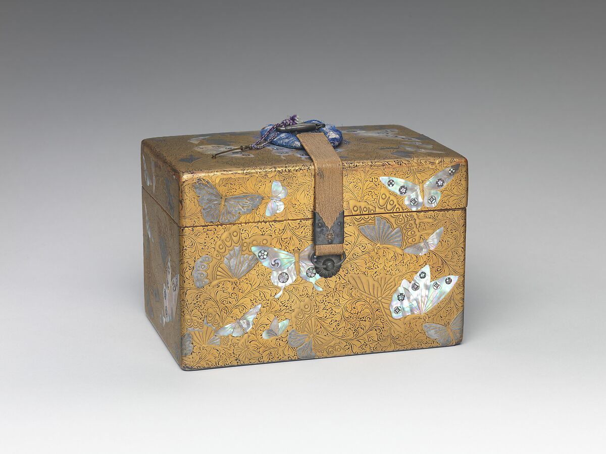 Box, Lacquered wood with gold and silver hiramaki-e, mother-of-pearl inlay on black lacquer ground; leather strap with metal fittings, Japan