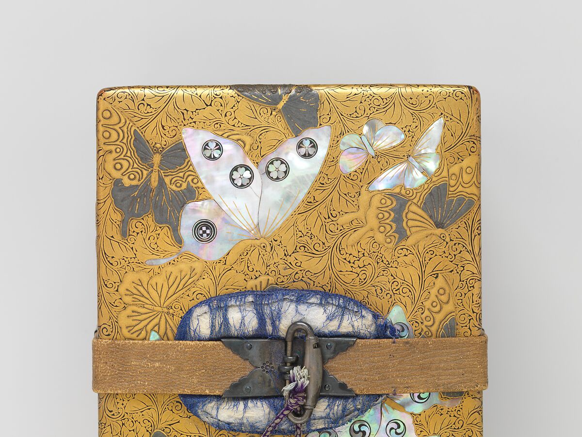 Box, Lacquered wood with gold and silver hiramaki-e, mother-of-pearl inlay on black lacquer ground; leather strap with metal fittings, Japan
