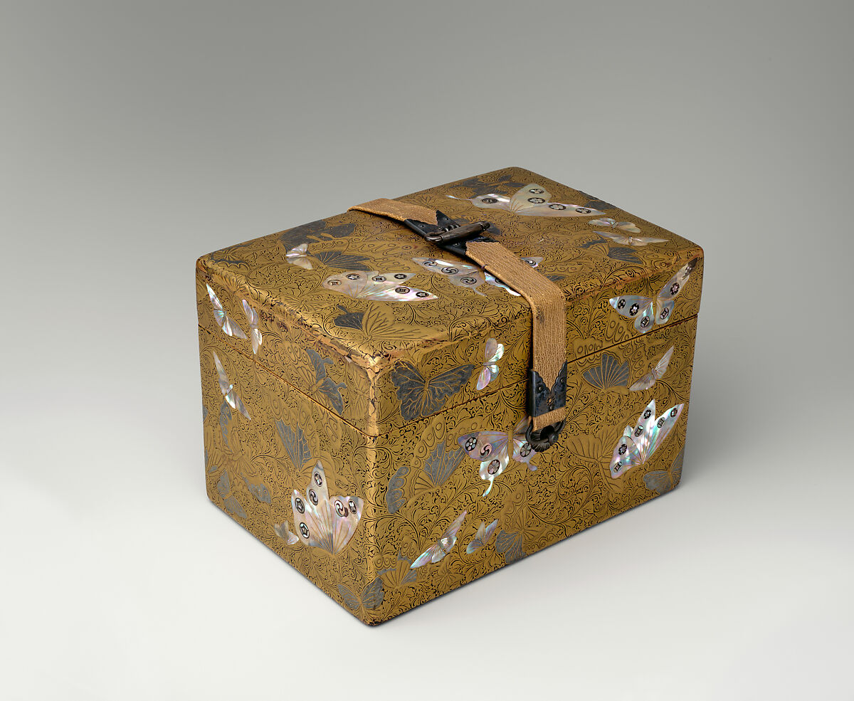 Box, Lacquered wood with gold and silver hiramaki-e, mother-of-pearl inlay on black lacquer ground; leather strap with metal fittings, Japan