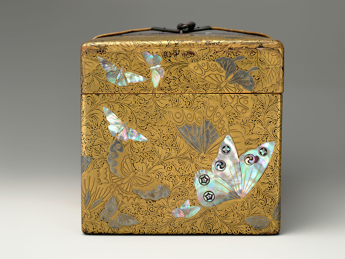 Box, Lacquered wood with gold and silver hiramaki-e, mother-of-pearl inlay on black lacquer ground; leather strap with metal fittings, Japan