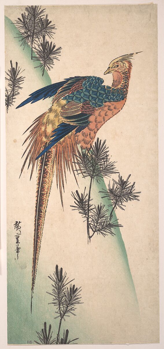 Pheasant and Pine-trees on Snowy Hillside, Utagawa Hiroshige (Japanese, Tokyo (Edo) 1797–1858 Tokyo (Edo)), Woodblock print; ink and color on paper, Japan 