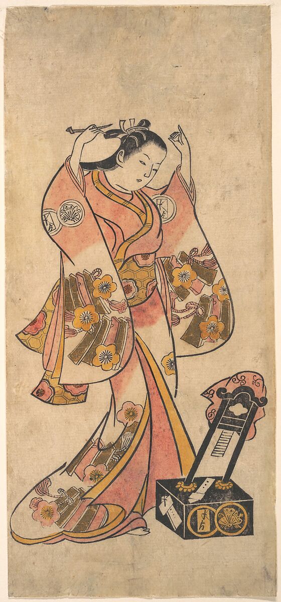 Sanjō Kantarō as a Woman Arranging Her Hair Before a Lacquer Mirror, Attributed to Torii Kiyomasu II (Japanese, 1706–1763), Woodblock print; ink and color on paper, Japan 
