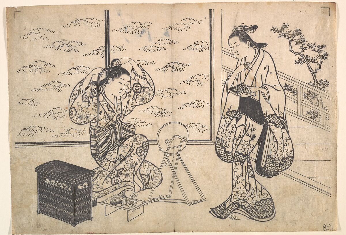 Two Women in a Room Opening on a Verandah, Hasegawa Mitsunobu (Japanese, active ca. 1724–1754), Monochrome woodblock print; ink on paper, Japan 