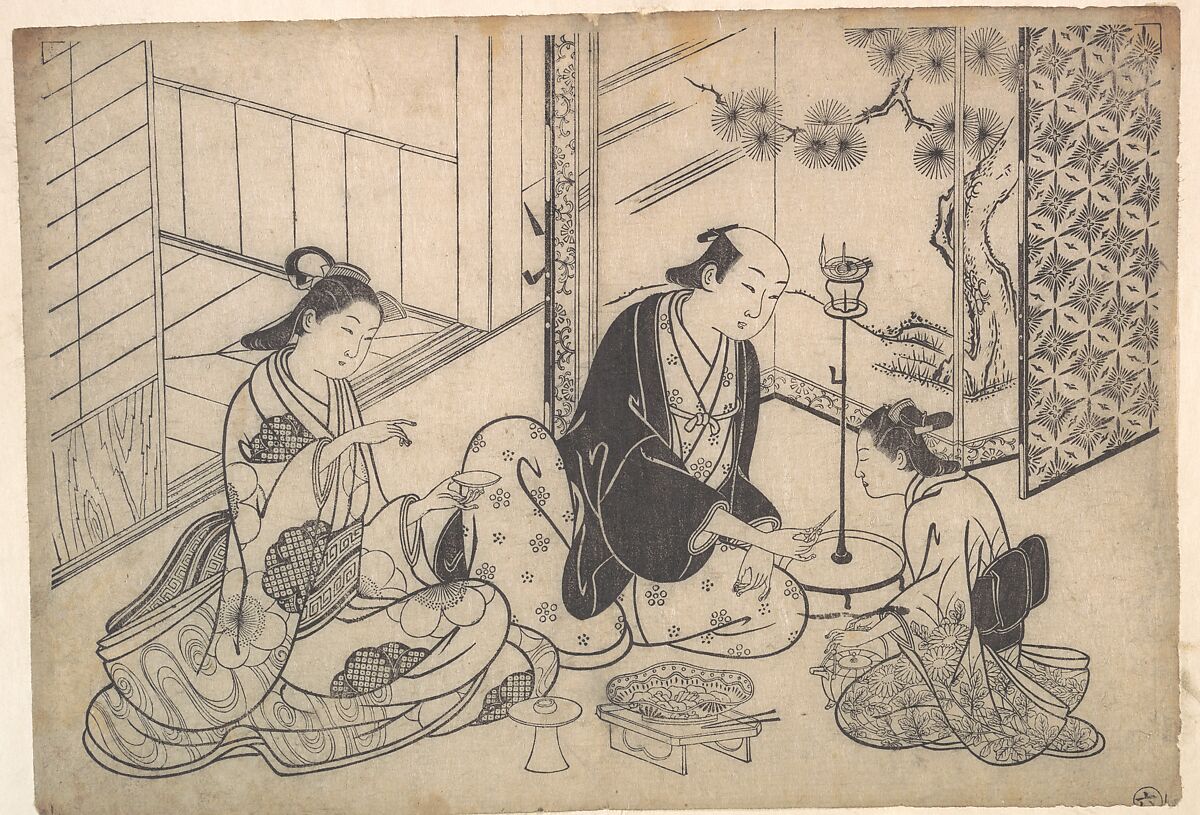 Interior, Three Figures: Sake Party, Hasegawa Mitsunobu (Japanese, active ca. 1724–1754), Monochrome woodblock print; ink on paper, Japan 