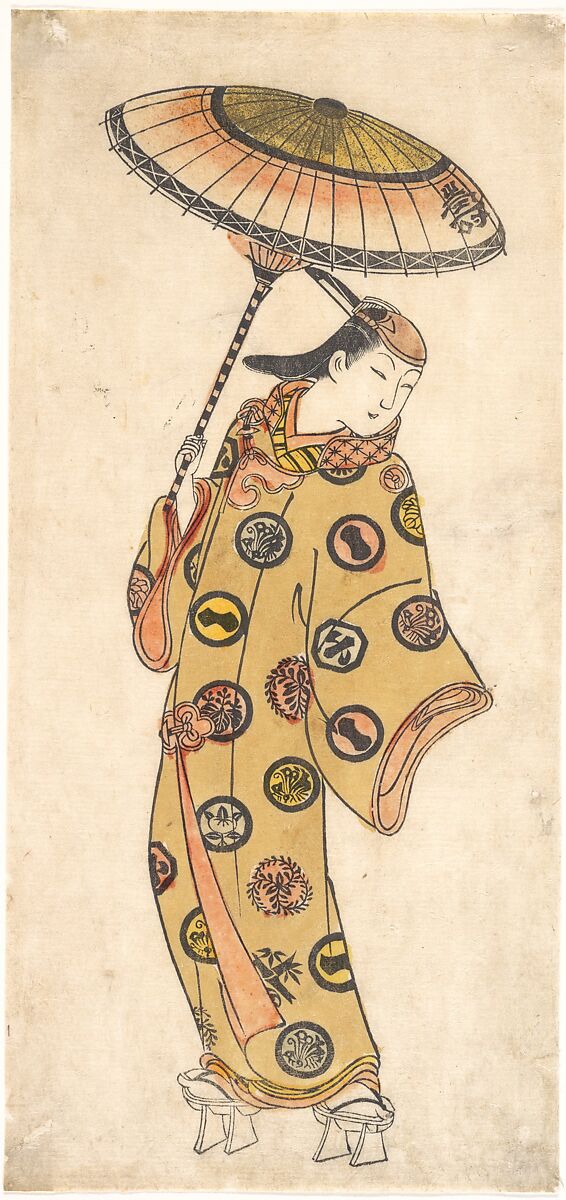 A Dandy of More Than Questionable Morals Out Walking on a Cold Day, Attributed to Ishikawa Toyonobu (Japanese, 1711–1785), Woodblock print (hand-colored); ink and color on paper, Japan 