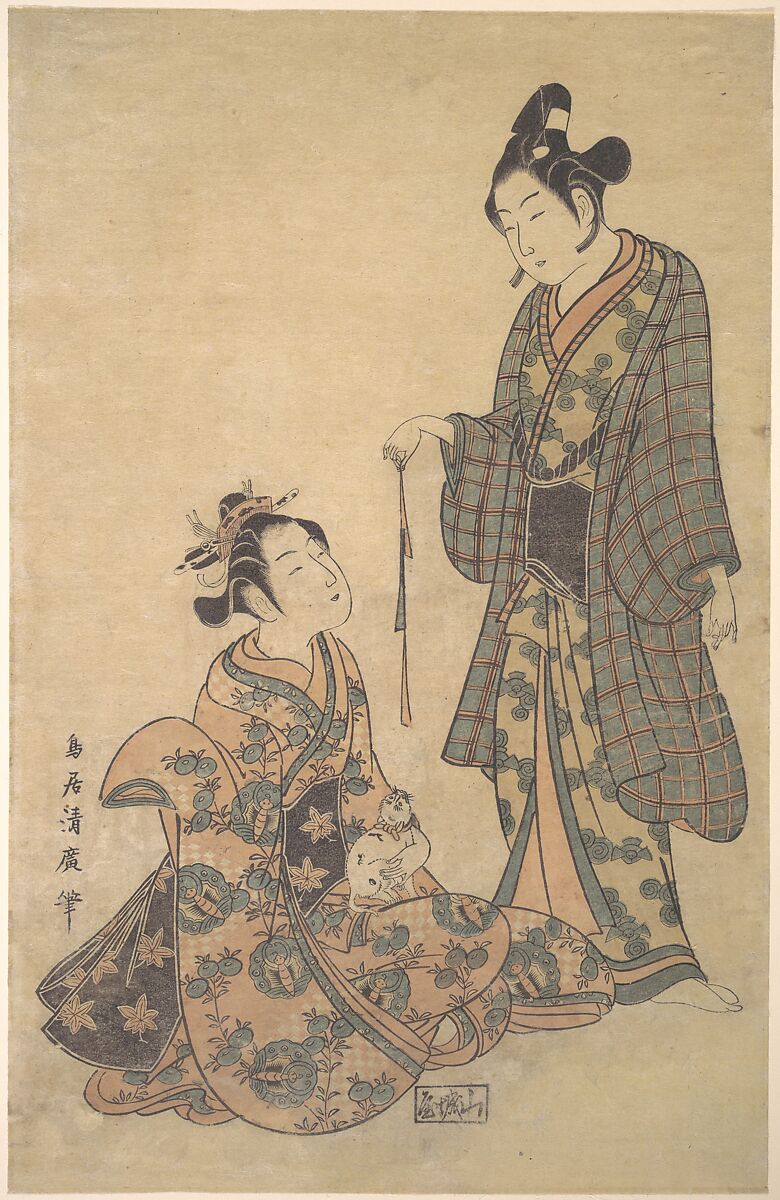Woman Seated Holding a Cat, Torii Kiyohiro (Japanese, active ca. 1737–76), Woodblock print; ink and color on paper, Japan 