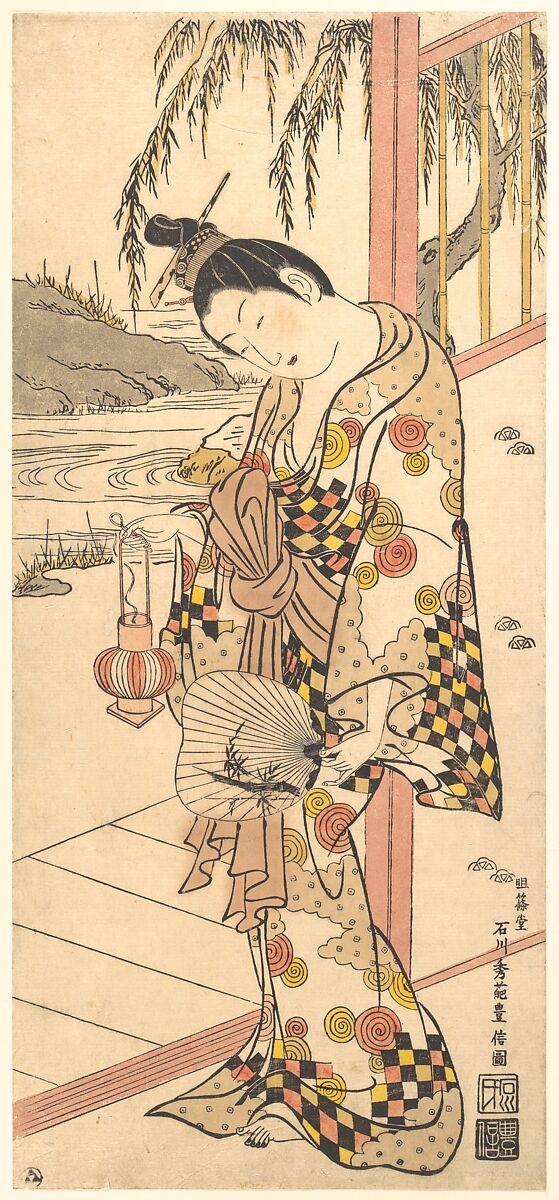 Young Lady in Summer Attire, Ishikawa Toyonobu (Japanese, 1711–1785), Woodblock print (hand colored); ink and color on paper, Japan 