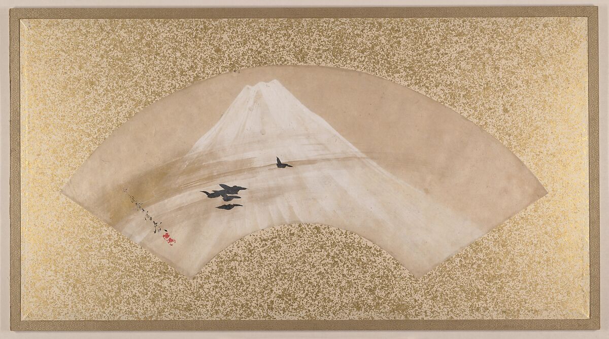 Mountains with Birds, Shibata Zeshin (Japanese, 1807–1891), Fan painting mounted as album leaf; tempera on paper, Japan 