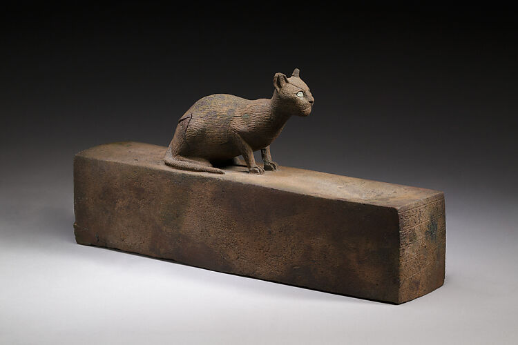 Box for animal mummy surmounted by a cat, inscribed