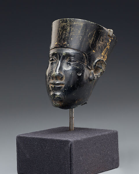 Head from a small statuette, possibly of Min, Steatite