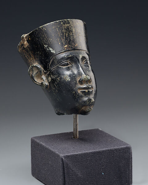 Head from a small statuette, possibly of Min, Steatite