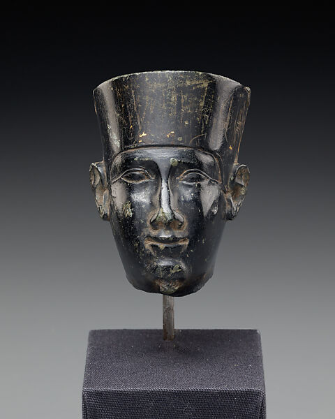 Head from a small statuette, possibly of Min, Steatite 