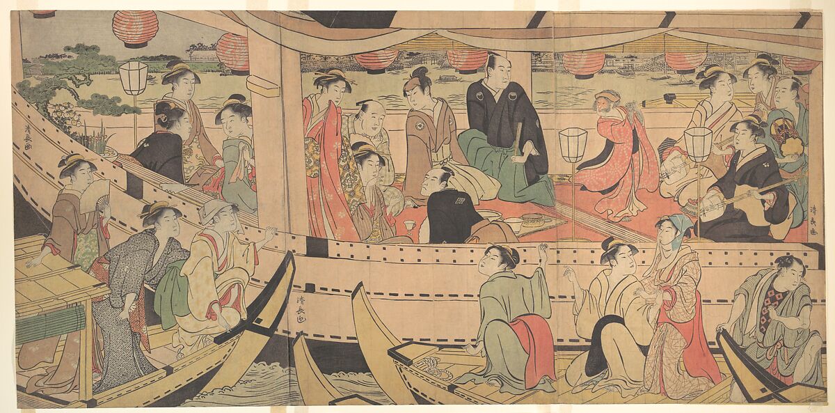 Sumida River Holiday, Torii Kiyonaga (Japanese, 1752–1815), Triptych of woodblock prints; ink and color on paper, Japan 