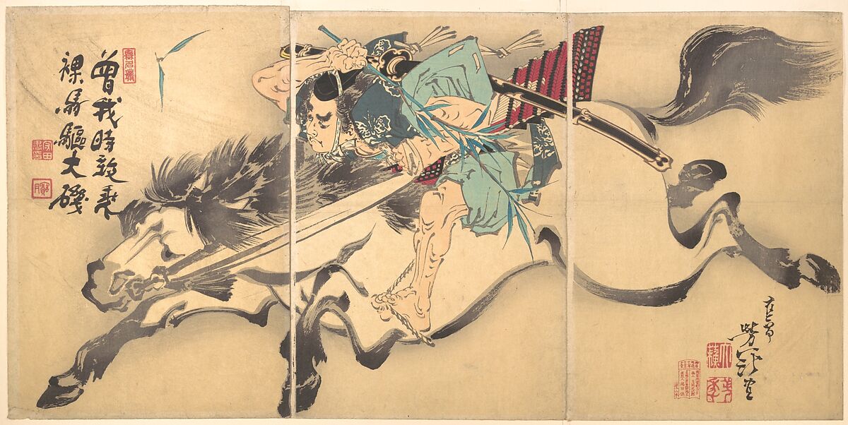Horse and Rider, Tsukioka Yoshitoshi (Japanese, 1839–1892), Triptych of woodblock prints; ink and color on paper, Japan 
