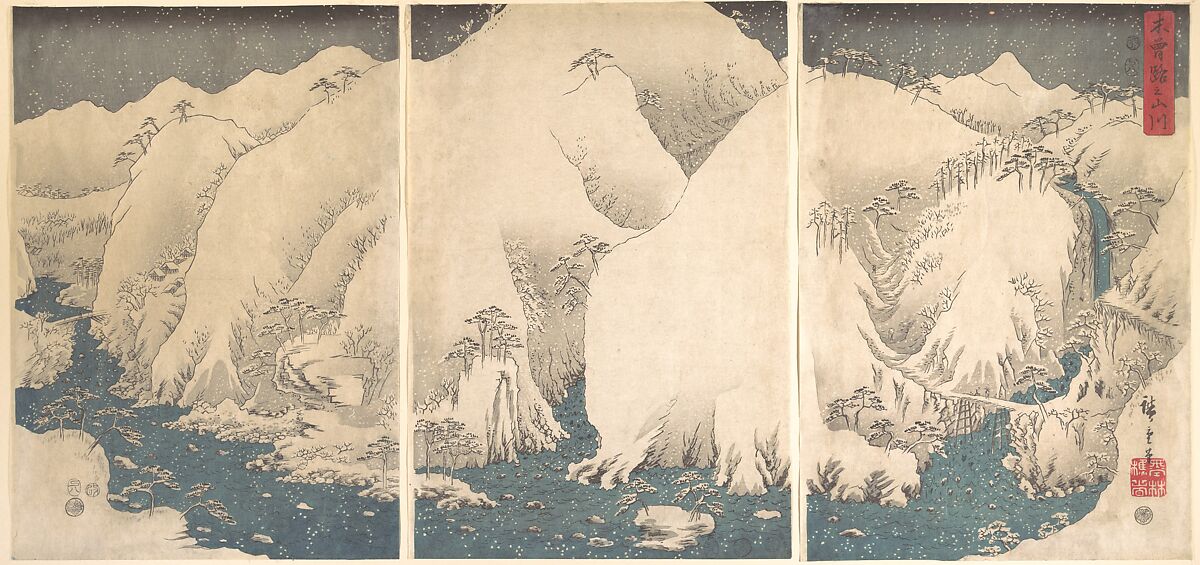 Kiso Gorge in the Snow, Utagawa Hiroshige (Japanese, Tokyo (Edo) 1797–1858 Tokyo (Edo)), Triptych of woodblock prints; ink and color on paper, Japan 