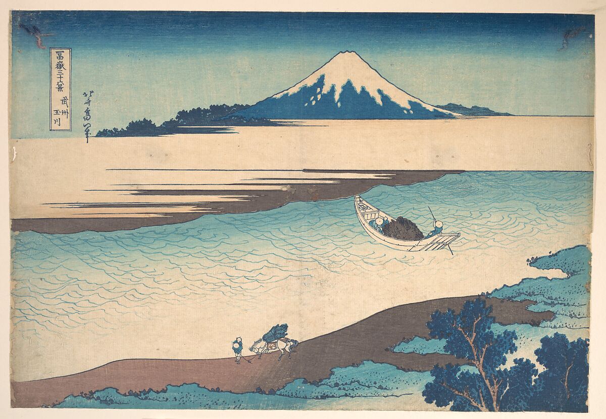Fuji—The Tama River, Musashi Province, from the series Thirty-six Views of Mount Fuji (Fugaku sanjūrokkei), Katsushika Hokusai (Japanese, Tokyo (Edo) 1760–1849 Tokyo (Edo)), Woodblock print; ink and color on paper, Japan 