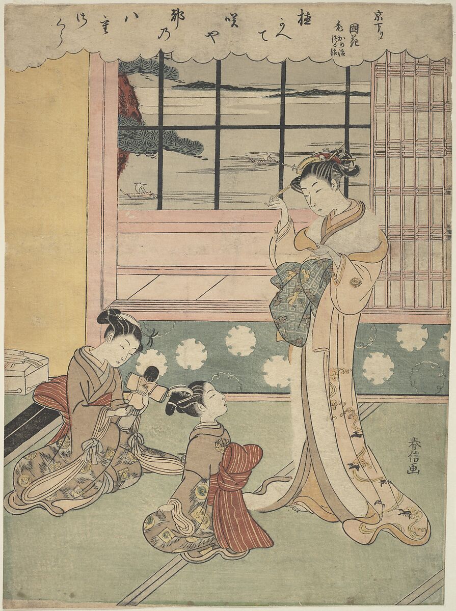 Window Opening Toward the Sea, Suzuki Harunobu (Japanese, 1725–1770), Woodblock print; ink and color on paper, Japan 