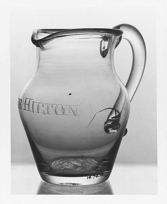 Pitcher, Blown lead colorless and blue glass, British, probably 