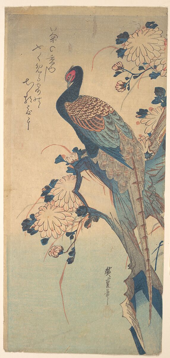 Pheasant with Chrysanthemums, Utagawa Hiroshige (Japanese, Tokyo (Edo) 1797–1858 Tokyo (Edo)), Woodblock print (hosoban); ink and color on paper
, Japan 