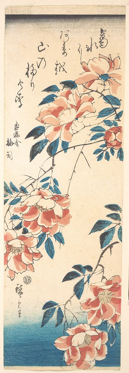 Pink and white roses, Utagawa Hiroshige (Japanese, Tokyo (Edo) 1797–1858 Tokyo (Edo)), Woodblock print; ink and color on paper, Japan 