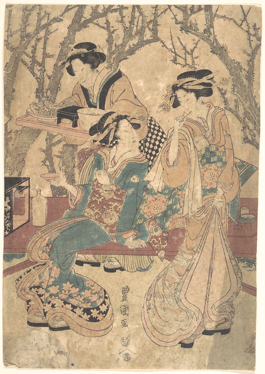 Three Women Dining Before a Group of Trees, Utagawa Toyokuni I (Japanese, 1769–1825), Woodblock print; ink and color on paper, Japan 