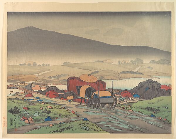 Rain at Yakabe, Hashiguchi Goyō (Japanese, 1880?–1921), Woodblock print; ink and color on paper, Japan 