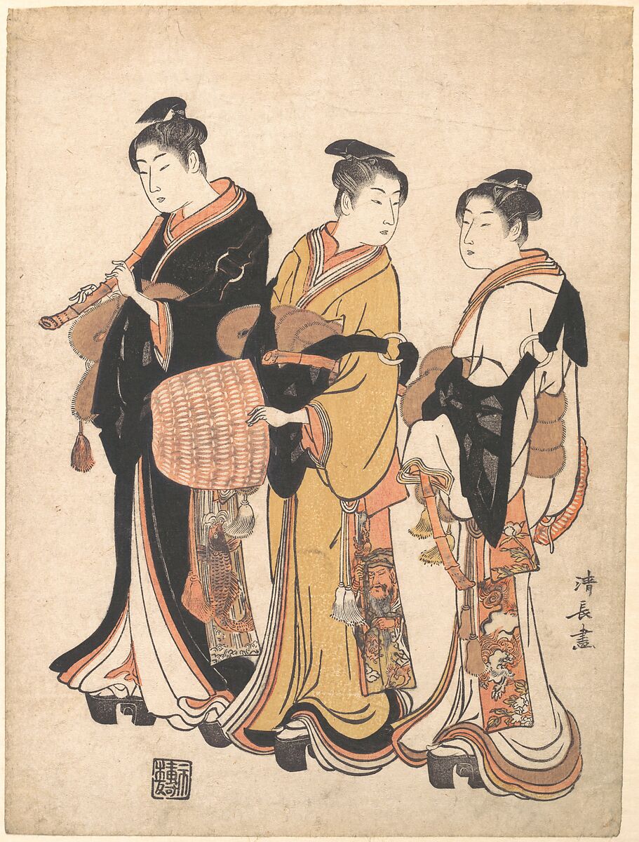 Three Young Women Masquerading as Komuso (Strolling Minstrel), Torii Kiyonaga (Japanese, 1752–1815), Woodblock print; ink and color on paper, Japan 