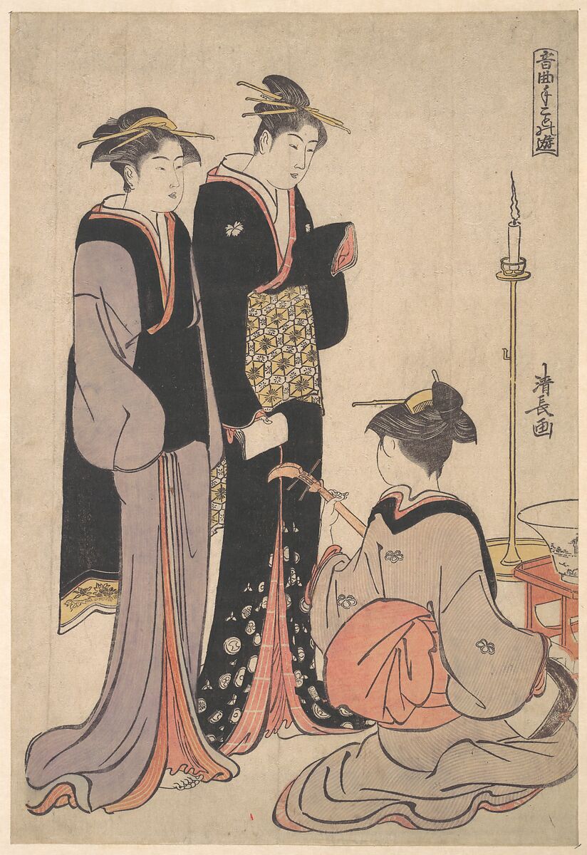 Two Courtesans and a Geisha, Torii Kiyonaga (Japanese, 1752–1815), Woodblock print; ink and color on paper, Japan 