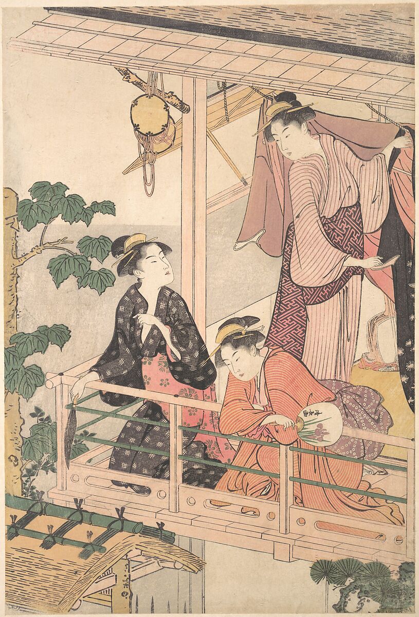 Three Women on a Balcony, Torii Kiyonaga (Japanese, 1752–1815), Upper sheet of a vertical diptych of woodblock prints; ink and color on paper, Japan 