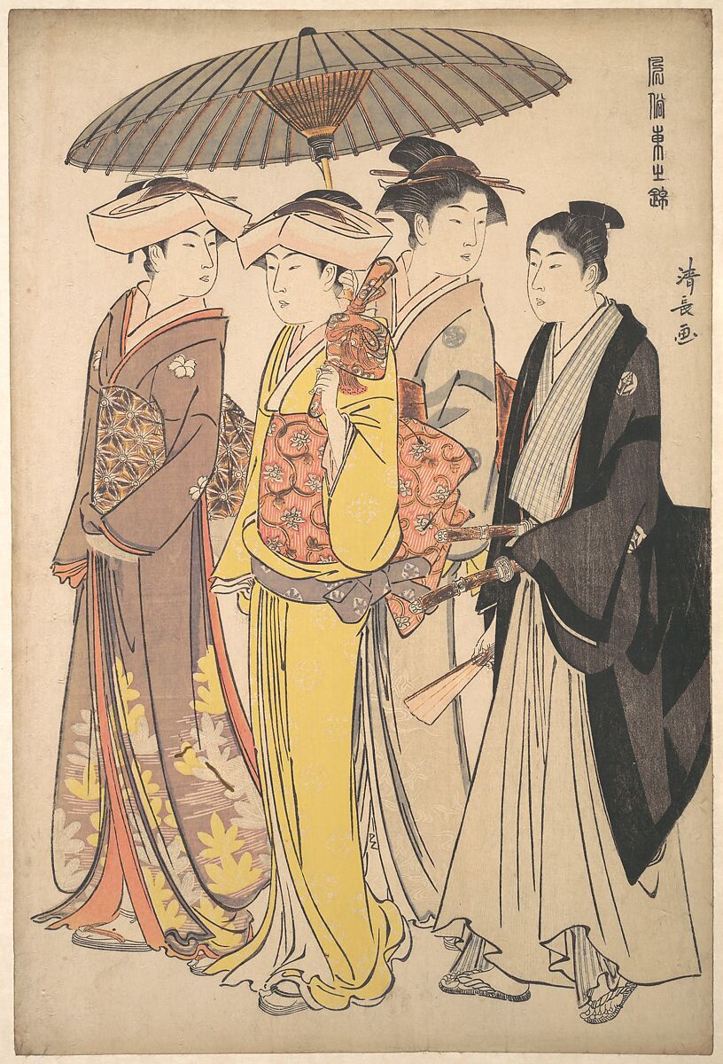 A Lady from a Samurai Household with Three Attendants, from the series A Brocade of Eastern Manners (Fūzoku Azuma no nishiki), Torii Kiyonaga (Japanese, 1752–1815), Woodblock print; ink and color on paper, Japan 