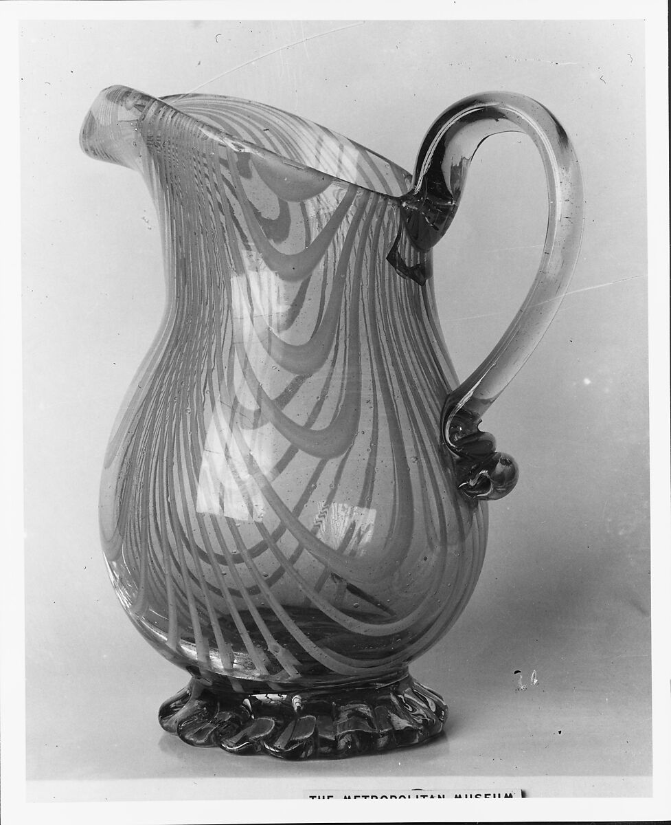 Pitcher, Free-blown aquamarine and opaque white glass, American 