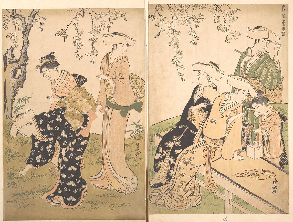Group of Women Under a Blossoming Cherry Tree, Torii Kiyonaga (Japanese, 1752–1815), Diptych of woodblock prints; ink and color on paper, Japan 