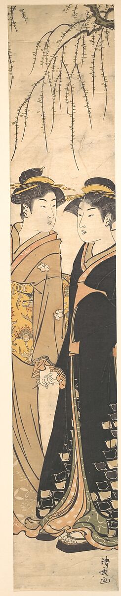 Two Tall Young Women Walking Hand in Hand, Torii Kiyonaga (Japanese, 1752–1815), Woodblock print; ink and color on paper, Japan 