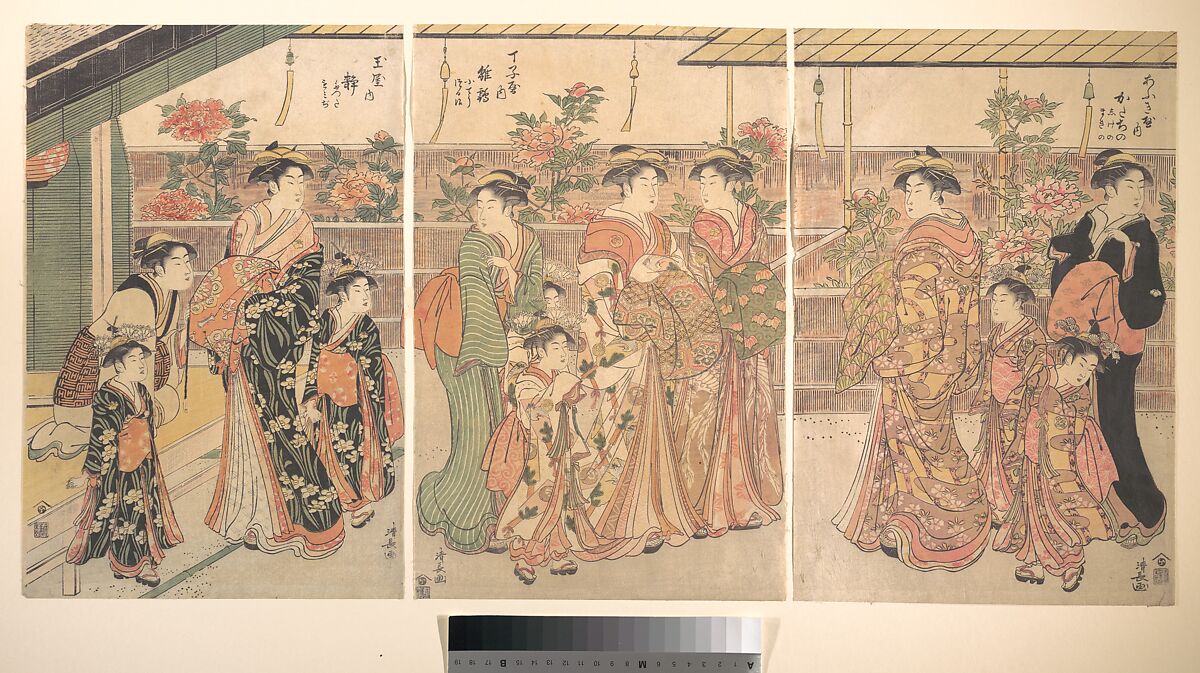 The Peony Show, Torii Kiyonaga (Japanese, 1752–1815), Triptych of woodblock prints; ink and color on paper, Japan 