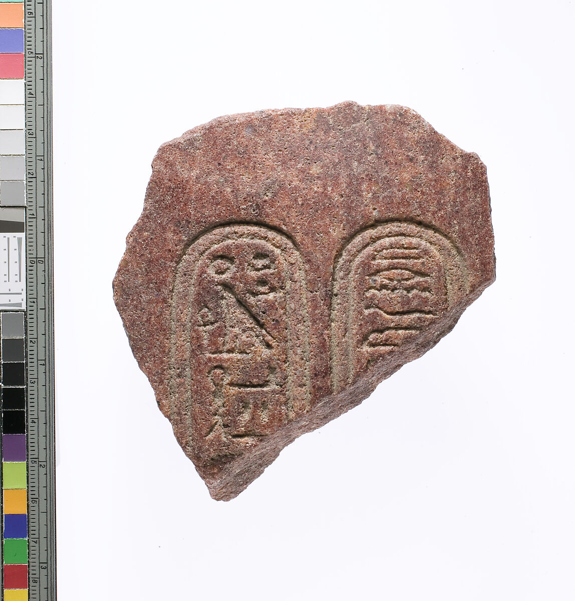 Chest (?) fragment with Aten cartouches, Red quartzite