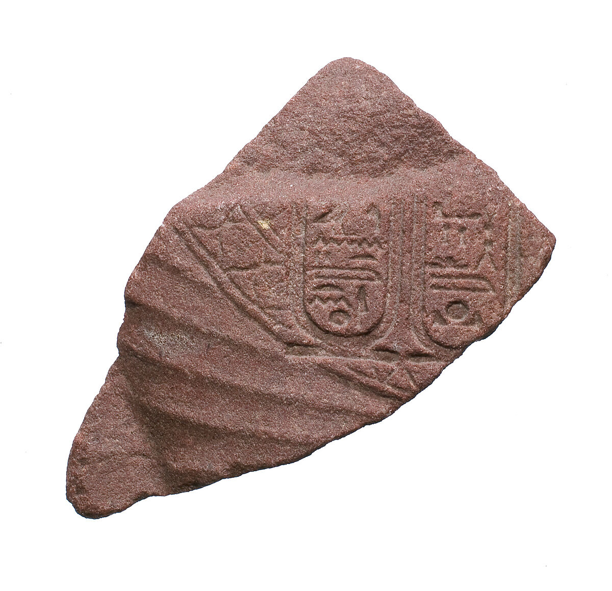 Upper right chest of queen in pleated garment and elaborate broad collar, with cartouches of the Aten, Red quartzite 