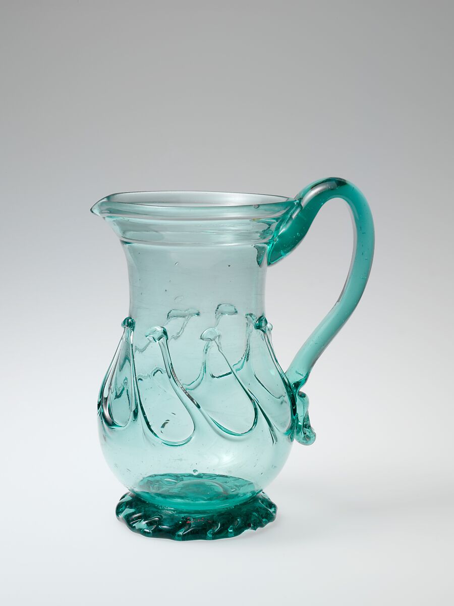 Pitcher, Blown glass with applied decoration, American 